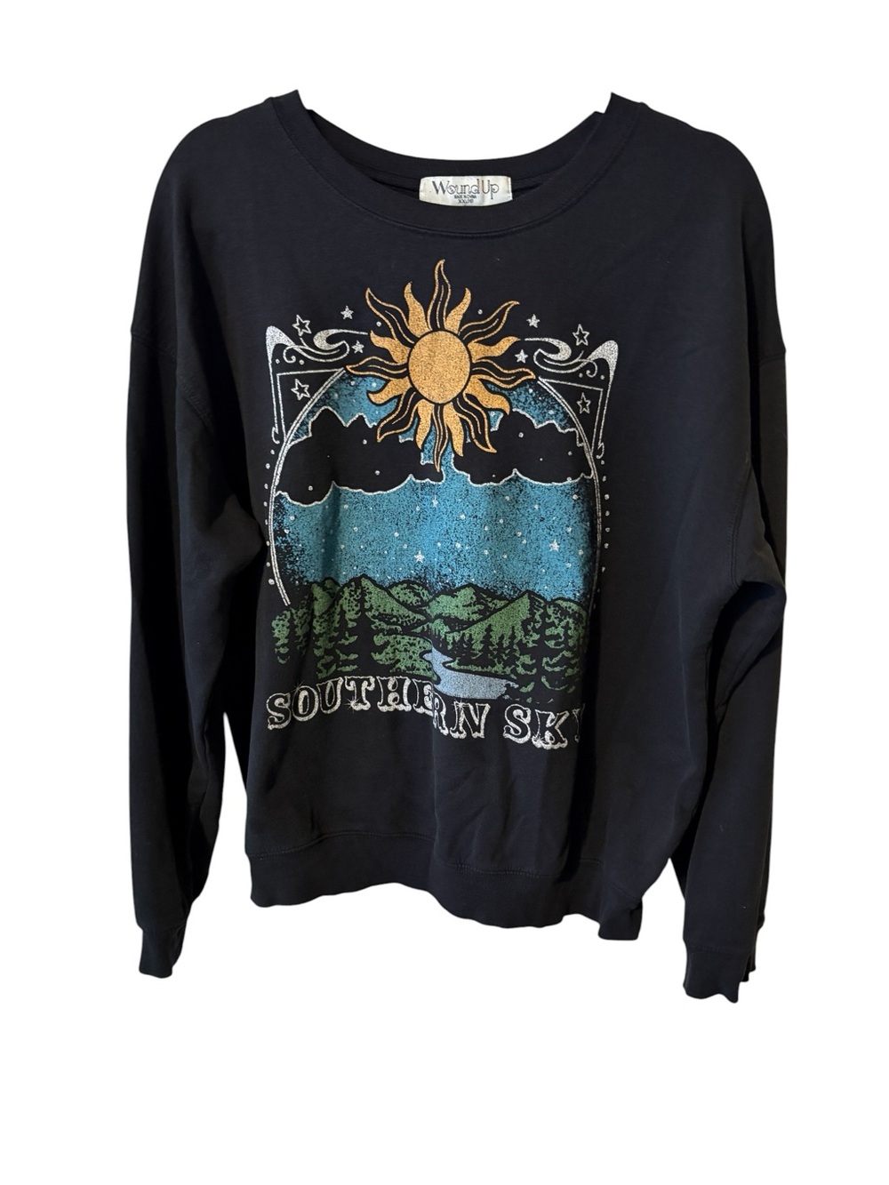 Wound Up Black Crewneck Sweatshirt with Scenic Sun Graphic